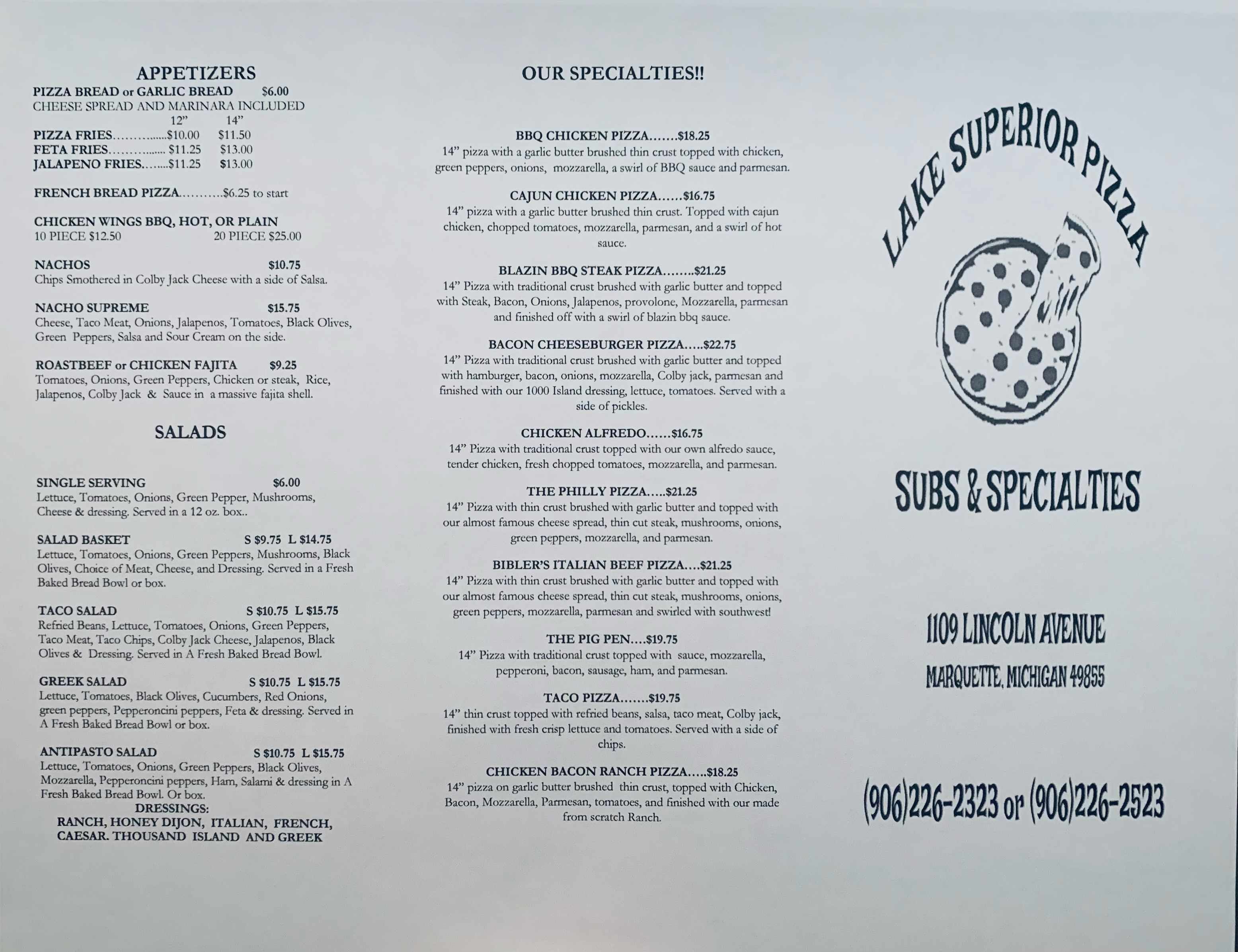 Lake Superior Pizza Subs & Specialties Menu